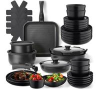 Batterie de cuisine - TECTAKE - Set de cuisine en aluminium inoxydable et grès émaillé pour 6 personnes, 41 pièces - Noir/Taupe