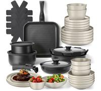 Vaisselle - TECTAKE - Ensemble de vaisselle en grès émaillé 41 pièces avec casseroles, poêles et couvercles - Noir/Taupe