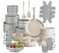 Vaisselle - TECTAKE - Ensemble de vaisselle en grès émaillé 46 pièces avec casseroles, poêles et couvercles - Gris/Blanc