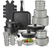 Vaisselle - TECTAKE - Ensemble de vaisselle en grès émaillé 47 pièces avec casseroles, poêles et couvercles - Gris/Noir