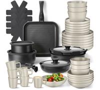 Vaisselle - TECTAKE - Ensemble de vaisselle en grès émaillé 47 pièces avec casseroles, poêles et couvercles - Noir/Taupe