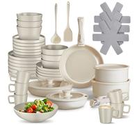 Vaisselle - TECTAKE - Ensemble de vaisselle en grès émaillé avec 46 pièces casseroles, poêles et couvercles - Taupe/Blanc