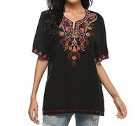 Vakakado Femmes été bohème brodé Mexicain bohème Top Bauer Demi - Manches Shirt Tunic Top (198, Noir,S)