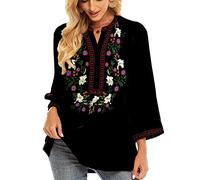 Vakakado Mexique Femmes bohème brodé Chemise Folklore Fleurs Tunique Top bohème Chemise Manches 3/4 col V(325,Noir,3XL)