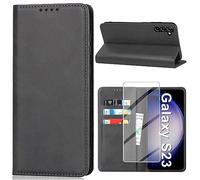 Vaki Coque de protection pour Samsung Galaxy S23 5G avec film de protection en verre blindé, coque de protection S23 en cuir portefeuille avec compartiment pour cartes et fonction support antichoc