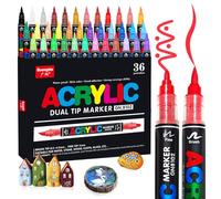 VAKKI 36 Couleurs Feutre Acrylique, Stylo Acrylique Liquide Direct Acrylic Paint Marker, Marqueur Peinture acrylique Pointe Brush Coloriage pour Adultes, Pour Pierre, Calligraphie, Bois, Toile, Verre