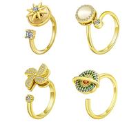 VAKKI 4PCS Anneau d'anxiété pour Femme Bague Tournante Anti Stress Femme Ensemble Bague Acier Inoxydable Or Bague Ouverte Réglable Opale Zircon Planète Moulin à Vent étoile à Six Branches
