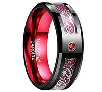 VAKKI Bague Homme Femme Dragon Celtique Plaqué Argent et Rouge Fibre de Carbone Zircon 8mm Anneau en Carbure de Tungstène Noir Bande de Bague pour Promesse Amitié Fiançailles Mariage Taille 63
