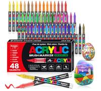 VAKKI Lot de 48 marqueurs acryliques imperméables pour pierres - Pointe pinceau - Marqueur acrylique - Stylo Acrylique - Parfaits pour peindre des pierres, du verre, du bois, de la plastique
