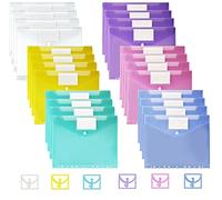 Vakki Pochette Plastique A4,Lot de 24 Pochettes Porte-Documents avec 11 perforées Rabat Fermeture à Pression,6 Couleurs Transparente classeur rangement