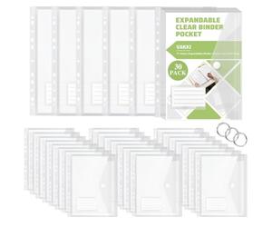 Vakki Pochette Plastique A4, Pochettes Plastiques Perforées A4 Porte-Documents Transparentes Extensibles 11 Trous Pochette Perforee, Classeur A4, Lot de 30 Pièces