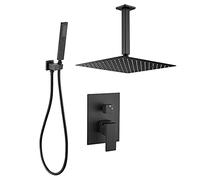 VALAZ Douche Encastrable | Mitigeur Douche 2 voies, Pulvérisateur Effet Pluie | Installation au Plafond Facile et Rapide | Inoxydable, Pulvérisateur 25 cm, Noir Mat, Série Tajo