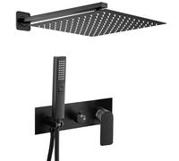 VALAZ Douche Encastrable | Mitigeur Douche 2 voies, Pulvérisateur Effet Pluie | Installation Murale Facile et Rapide | Inoxydable, Carré, Pulvérisateur 20 cm, Noir Mat, Série Miño