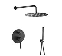 VALAZ Douche Encastrable Mitigeur Noir Mat Effet Pluie Ronde Série Jucar | Douche encastrable mitigeur monocommande, pommeau effet pluie 25 cm, acier inoxydable, installation murale, noir mat