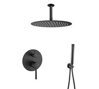 VALAZ Douche Encastrable Mitigeur Noir Mat Effet Pluie Ronde Série Jucar | Douche encastrable mitigeur monocommande, pommeau effet pluie 20 cm, acier inoxydable, installation au plafond, noir mat