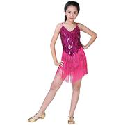 Valcatch Enfants Filles Paillettes Pompon Latin Dance Costume sans Manches Frange Clapet Danse Robe Jazz Samba Rumba Vêtements De Danse pour 5-14 Ans Adolescents