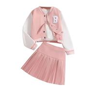 Valcatch Filles Jupe Ensemble vêtements Preppy Veste de Baseball Bouton Devant Lettre patché Sweat-Shirt Jupes plissées Tenues 2 pièces 8-12T