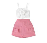 Valcatch Tenue D’été 2 Pièces pour Les Filles Côtelé Camisole Crop Top avec Fleur 3D Et Jupe Taille Haute Jupe-Short Ensembles Tout-Petit Enfants Fille Ensemble de Vêtements Décontractés