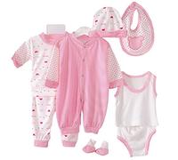 Valcatch Unisexe Bébé 8 Pièces Layette Coffret Cadeau Nouveau-né Bodys Pantalon Bébé Grenouillère Vêtements Ensemble Tenues Garçon Fille Coton Bavoir Caps Scratch Mitten sans Pieds Combinaison Pyjama