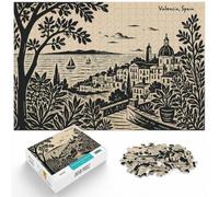 Valencia, Spain - Black and Beige Illustratio Puzzle, 1000 pièces | Pour une longue soirée puzzle après le travail : Puzzle 1000 pièces adulte ; pour une activité tranquille chez soi.