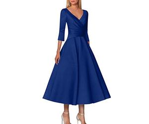 Valentin Robe Princesse Fille 1 An de mariée mariage invité Vintage grande taille élégant col en V thé longueur Satin 1/2 longueur manches avec plis Robes De Soirées Femmes Le Jour De La Saint Patrick