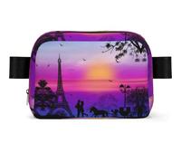 Valentine Paris Tour Eiffel romantique Couple Carriage Coucher de soleil Sac banane carré tendance avec impression, tissu sergé résistant à l'eau, sac poitrine ou sac ceinture, sangle réglable 65-120