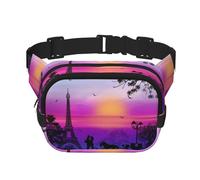 Valentine Paris Tour Eiffel Romantique Couple Carrosse Coucher de Soleil Carré Double Couche avec Imprimé sur toute la surface Tissu sergé Durable Sac banane multi-poches pour sports de plein air