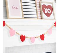 Valentines Day Decor Red Pink Felt Heart Wooden Bead Garland Decorative Romantic Hangings Ornaments for Home Mantle Fireplace Wall