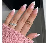 Valentine's Day False Nails Pink Heart Press on Nails Almond Stick on Nails French Short Fake Nails 24pcs for Women and Girls(White,24 Count (Pack of 1))