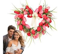 Valentines Day Heart Wreath - Signe de porte principale de 15,7 pouces, décoration florale romantique | Couronne artificielle avec feuilles de fleurs, décoration de Saint Valentin en plein air pour