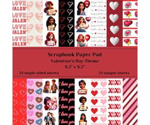 Valentine's Day Scrapbook Paper - 24 Unique Single Sided Sheets, 8.5" x 8.5", Unique Characters that say "Love You", Decorative Craft Paper using reds, pinks, whites and blacks