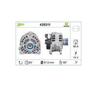 VALEO-439311-Alternateur-Courant de charge de l'alternateur [Amp] : 90 - Nombre de stries : 6 - Diamètre de la poulie [mm] : 57 - Voltage [V] : 14 - Sens de rotation : SENS HORLOGE