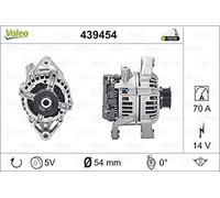 VALEO 439454 Alternateur Intensité de charge de l’alternateur: 70 Amp Rainures: 5 rainures Diamètre de poulie: 54 mm Tension: 14 V Sens de rotation: CLOCKWISE