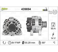 VALEO 439694 Alternateur Intensité de charge de l’alternateur: 90 Amp Rainures: 6 rainures Diamètre de poulie: 55 mm Tension: 14 V Sens de rotation: CLOCKWISE
