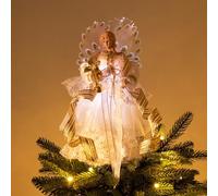 Valery Madelyn Décorations de Sapin de Noël avec Ange, Haut de Sapin de Noël en Forme d'ange Blanc et Or, Topper Sapin de Noël avec 10 lumières LED Chaudes, à Piles(Non Inclus) 31 cm