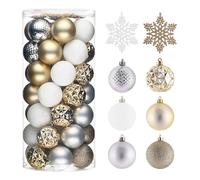 Valery Madelyn Lot de 50 boules de Noël en plastique avec crochet de suspension - 5 cm - Blanc doré - Décoration de Noël - Avec flocons de neige incassables