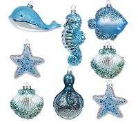 Valery Madelyn Lot de 8 décorations de Noël en verre soufflé bleu clair et argenté pour sapin de Noël, océan côtier, plage, décoration de Noël