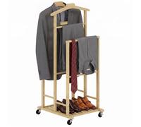 HOMCOM Valet de Chambre à Roulettes, Portant à Vêtements en Bambou, Chêne | Cintres, Barres de Suspension, Plateau et Étagère de Rangement, Porte-Manteaux Compact et Portable, pour Chambre, Buanderie