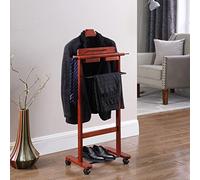 Valet de luxe en bois et métal avec roulettes, organiseur de vêtements, barre de pantalon, veste, cravate, ceinture et rangement de chaussures, idéal pour garde-robe d'homme