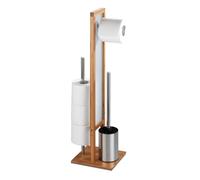 WENKO Combiné WC Rivalta | 3 en 1| Brosse WC et Dérouleur Papier Toilette | Stockage Papier | Tête de Brosse remplaçable | Bambou, Acier INOX et Verre trempé| 18x70x23 cm | Bambou