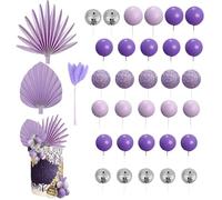 Valicaer Boule Disco Décoration de Gâteau,38Pcs Toppers Boules Décoration Gâteau Violet Ball Feuilles de Palmier Décorations de Gâteaux Mini Topper Gâteau Cupcakes Toppers pour Anniversaire Mariage