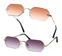 VALICLUD 2pièces Lunettes Soleil Femmes Hommes Sans Monture Polygonales Vintage Cadre Métal Léger Avec Verres Pc Résistants Et Pads Nez Antidérapants