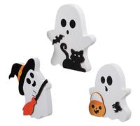 VALICLUD 3 Pièces Ornement Fantôme d'halloween Décoration de Table Délicate en Bois Plateau à Plusieurs Niveaux Accessoires Citrouille, Chat et Balai pour Fête et Bureau