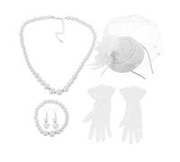 VALICLUD Accessoires de Thé pour Femmes Chapeau Fascinateur Blanc Dentelle Légère Collier Perlé Vintage pour Cocktail et Mariage