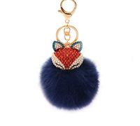 VALICLUD Boule de Fourrure de Lapin Pom Pom Porte-Clés Perle Strass Tête de Renard Clouté Porte-Clés Faux Duveteux Sac Voiture Charme Pendentif pour Femmes Filles,Taille unique,Bleu Foncé