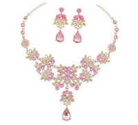 VALICLUD Collier de Mariage en Cristal Forme Goutte d'Eau Boucles d'Oreilles Pendantes Rose Parure de Mariée Élégante pour Tenue de Mariée Accessoires pour Robe Mariage et Cérémonie