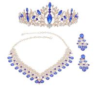 VALICLUD Ensemble Bijoux Mariée 3 Pièces Couronne Princesse Cristaux Bleu Clair, Diadème XL, Collier et Boucles D’Oreilles Pendantes, Accessoires Mariage Soirée Élégants, Bijoux Femmes