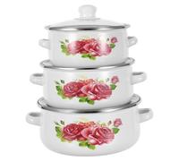 VALICLUD Ensemble de 3 Marmites en Émail Rétro à Motif Floral Blanc 16/18/20 CM avec Double Poignées Ergonomiques Revêtement Antiadhésif Compatible Induction pour Soupes et Cuisson