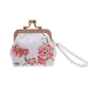 VALICLUD Floral Embroidered Clutch Bag Small Makeup Case with Pearl Accent Double Clasp Closure Wallet for Women Travel Coin Purse Elegant Brocade Organizer