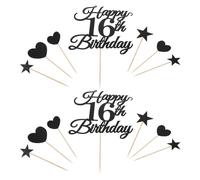 VALICLUD Lot de 10 sets de Décorations Anniversaire Seize Noires Pailletées - Chiffres Étoiles et Cœurs en Pics pour Gâteau et Cupcakes - Décorations pour Fête D’Adolescents